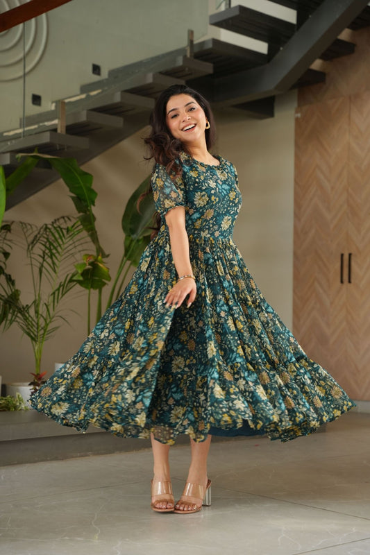 Stylish Casual Wear Faux Georgette Fully Flared Printed Kurti - Mangaldeep NX
