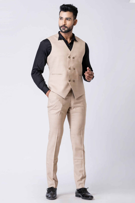 Stylish Ceremonial Men's Beige Polyester Blend Tuxedo Suit - Mangaldeep NX