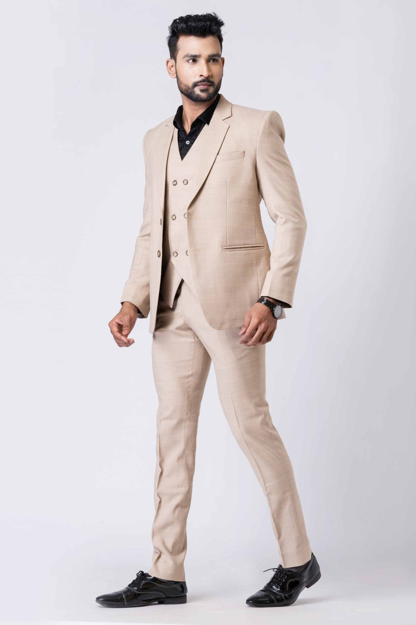 Stylish Ceremonial Men's Beige Polyester Blend Tuxedo Suit - Mangaldeep NX
