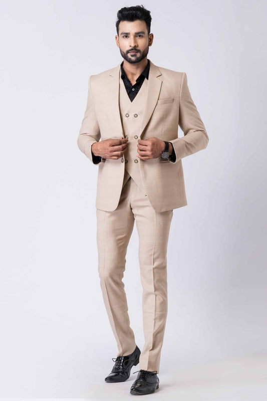 Stylish Ceremonial Men's Beige Polyester Blend Tuxedo Suit - Mangaldeep NX