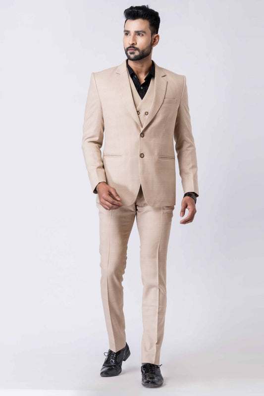 Stylish Ceremonial Men's Beige Polyester Blend Tuxedo Suit - Mangaldeep NX