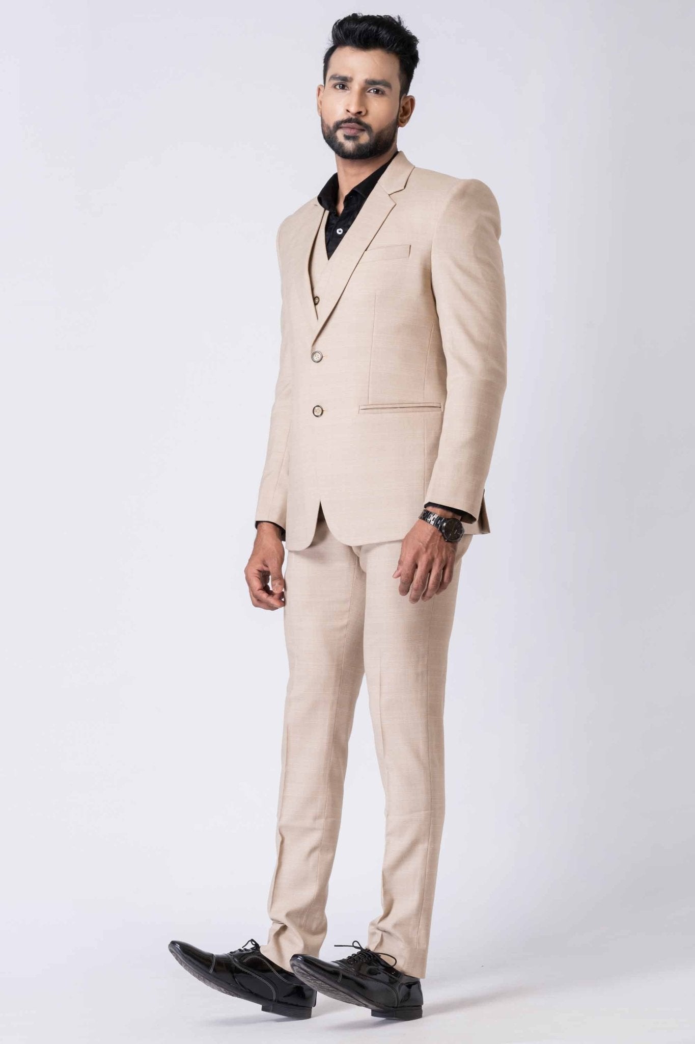 Stylish Ceremonial Men's Beige Polyester Blend Tuxedo Suit - Mangaldeep NX