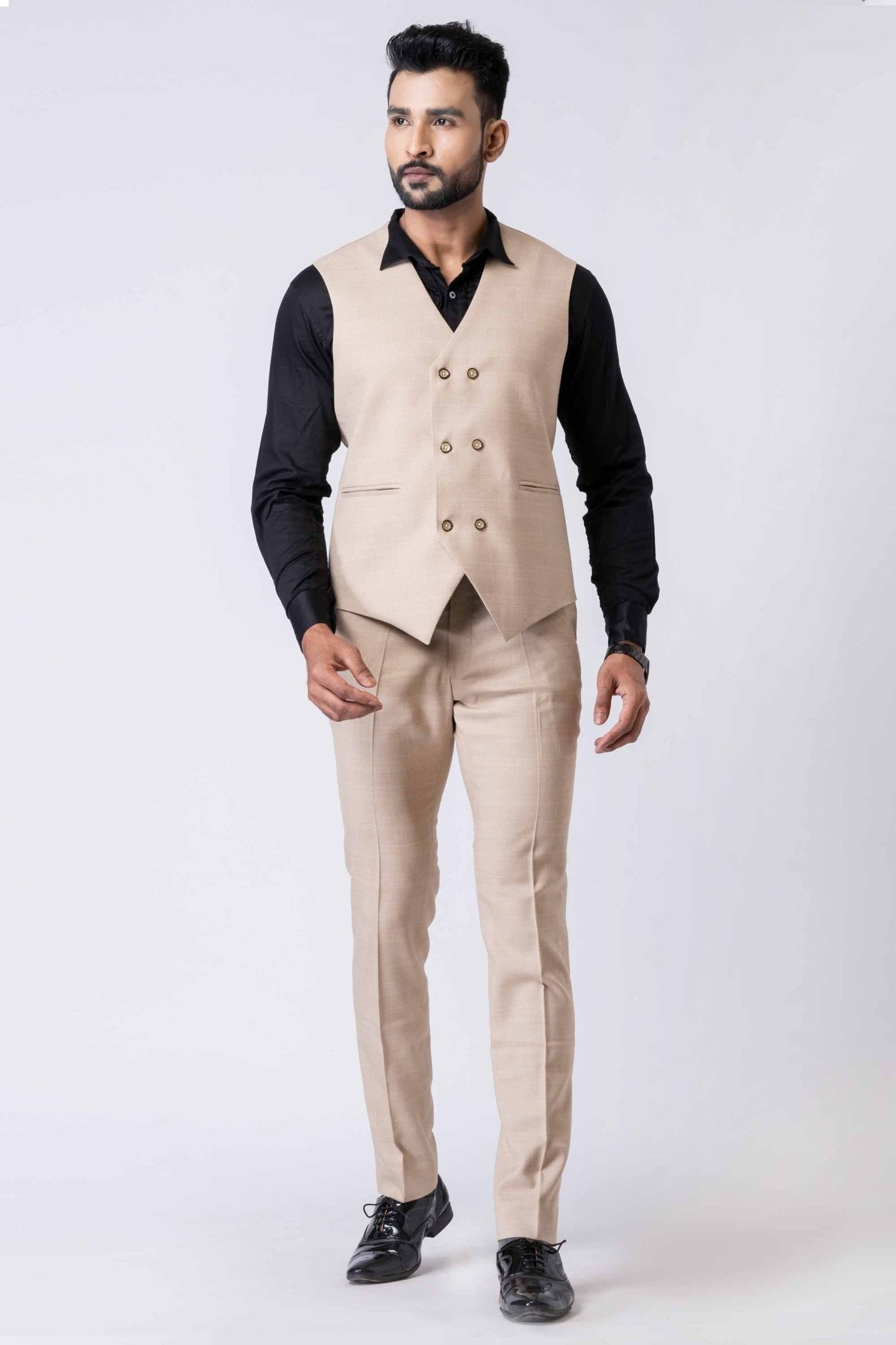 Stylish Ceremonial Men's Beige Polyester Blend Tuxedo Suit - Mangaldeep NX
