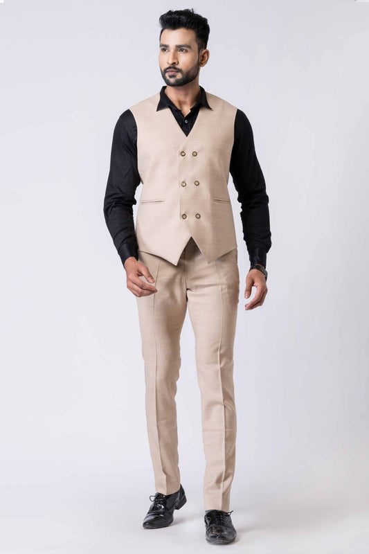 Stylish Ceremonial Men's Beige Polyester Blend Tuxedo Suit - Mangaldeep NX