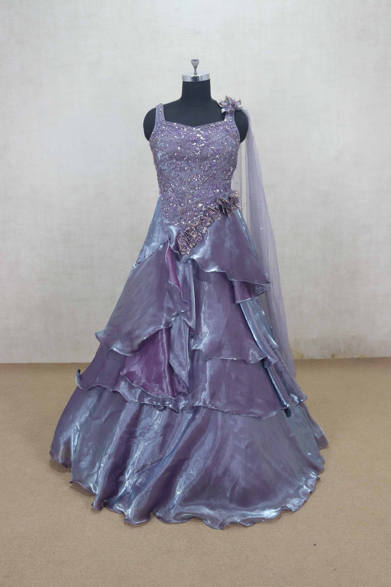Stylish Lavender Ruffle Layered Net Gown with Sequin Embroidery - Mangaldeep NX