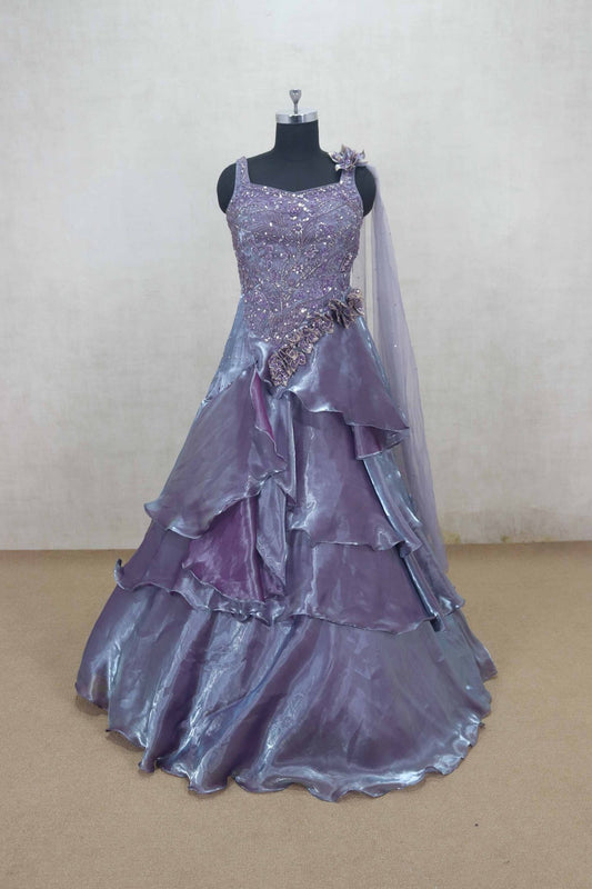 Stylish Lavender Ruffle Layered Net Gown with Sequin Embroidery - Mangaldeep NX