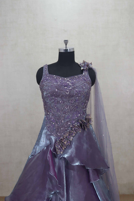 Stylish Lavender Ruffle Layered Net Gown with Sequin Embroidery - Mangaldeep NX