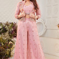 Stylish Pink Embroidered Palazzo Suit with Crop Top & Jacket - Mangaldeep NX