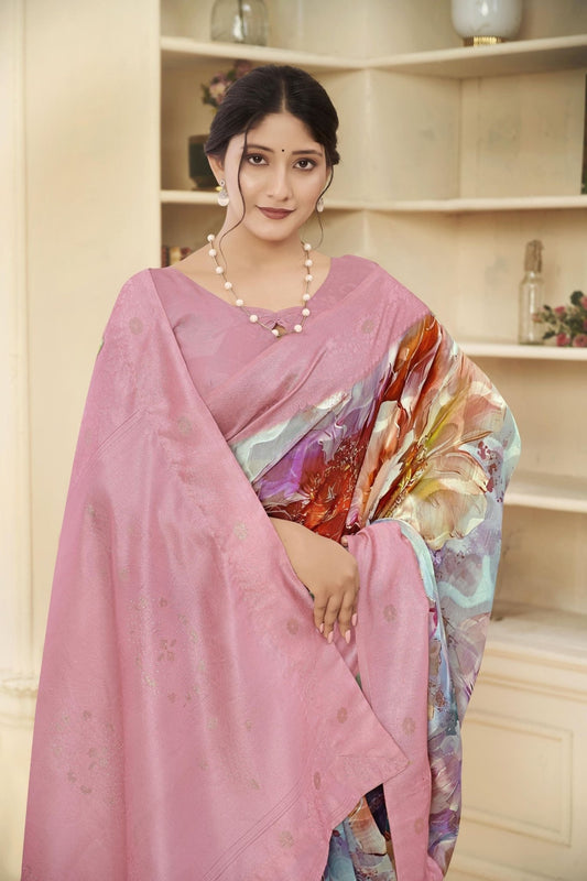 Stylish Pink Linen Silk Saree with Multicolor Abstract Floral Print and Subtle Zari Work - Mangaldeep NX