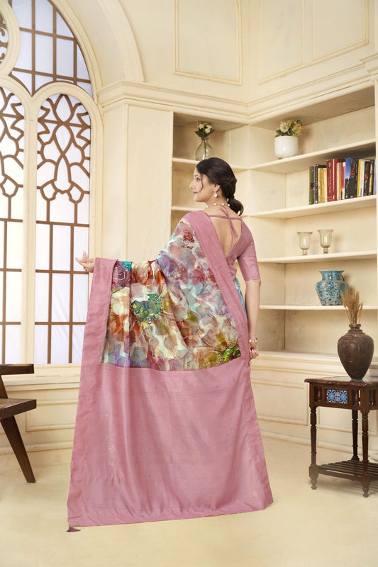 Stylish Pink Linen Silk Saree with Multicolor Abstract Floral Print and Subtle Zari Work - Mangaldeep NX