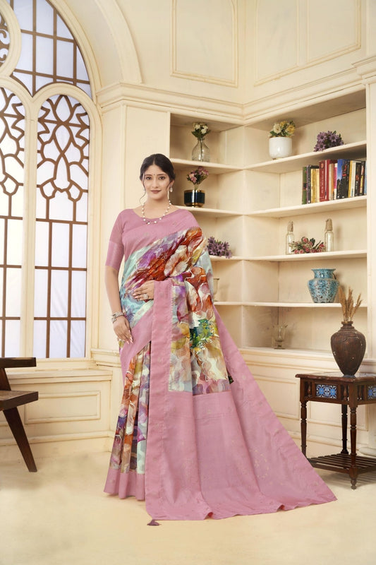 Stylish Pink Linen Silk Saree with Multicolor Abstract Floral Print and Subtle Zari Work - Mangaldeep NX