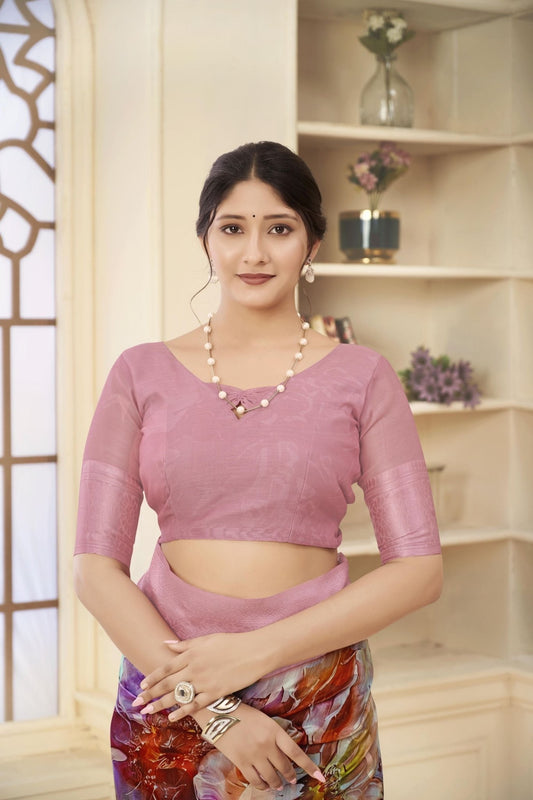 Stylish Pink Linen Silk Saree with Multicolor Abstract Floral Print and Subtle Zari Work - Mangaldeep NX