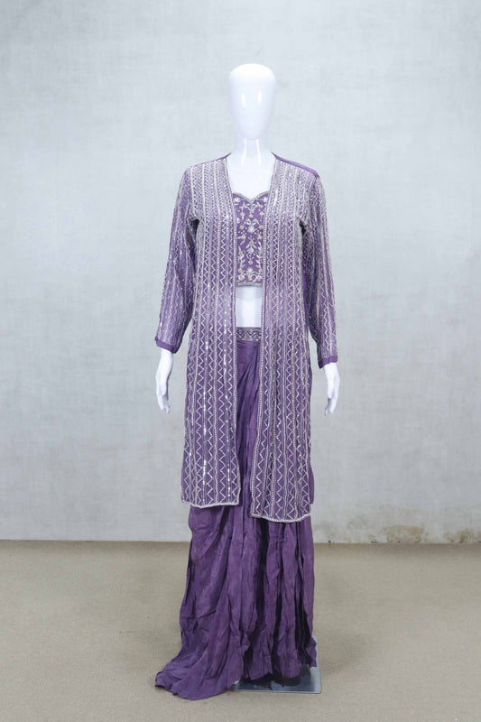Stylish Purple Embroidered Jacket Style Sharara Set with Crop Top - Mangaldeep NX