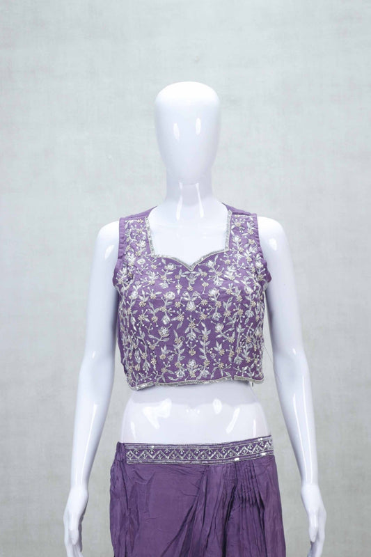 Stylish Purple Embroidered Jacket Style Sharara Set with Crop Top - Mangaldeep NX