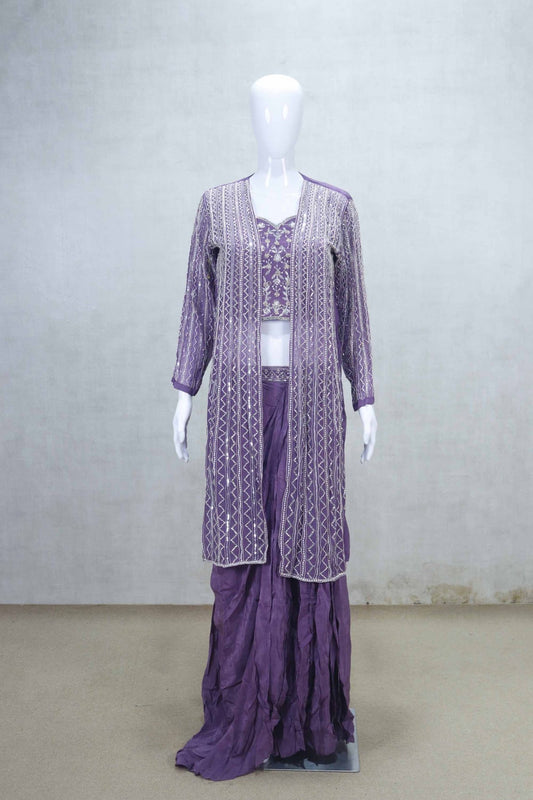 Stylish Purple Embroidered Jacket Style Sharara Set with Crop Top - Mangaldeep NX