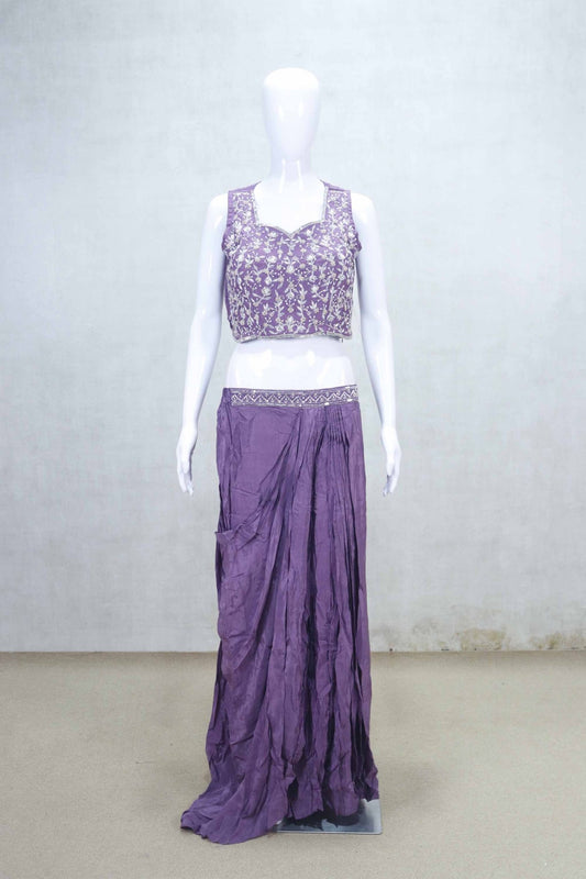 Stylish Purple Embroidered Jacket Style Sharara Set with Crop Top - Mangaldeep NX