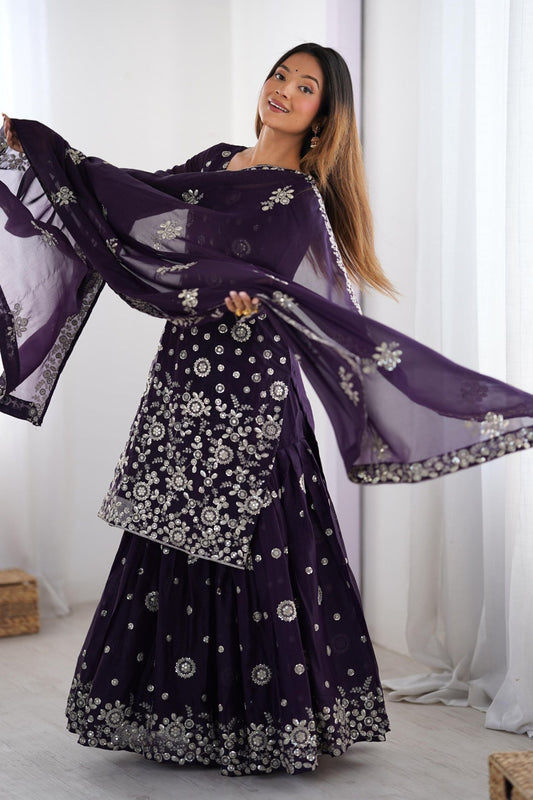 Stylish Purple Party Wear Sharara Suit with Silver Embroidery - Mangaldeep NX