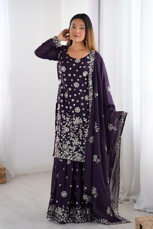 Stylish Purple Party Wear Sharara Suit with Silver Embroidery - Mangaldeep NX