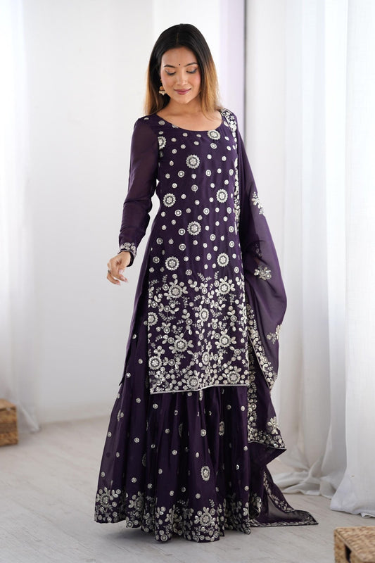 Stylish Purple Party Wear Sharara Suit with Silver Embroidery - Mangaldeep NX