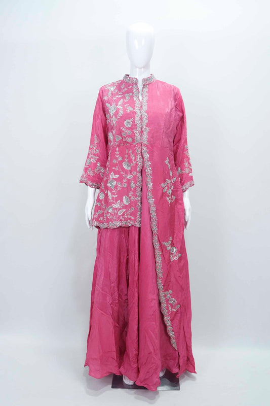 Stylish Rani Pink Embroidered Silk Anarkali Set with Matching Dupatta - Mangaldeep NX
