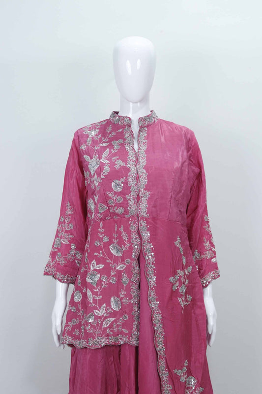 Stylish Rani Pink Embroidered Silk Anarkali Set with Matching Dupatta - Mangaldeep NX