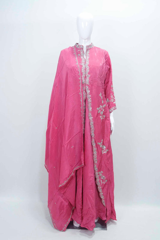 Stylish Rani Pink Embroidered Silk Anarkali Set with Matching Dupatta - Mangaldeep NX