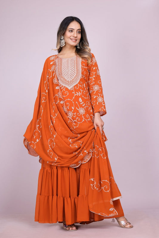 Stylish Readymade Rust Orange Embroidered Sharara Suit - Mangaldeep NX