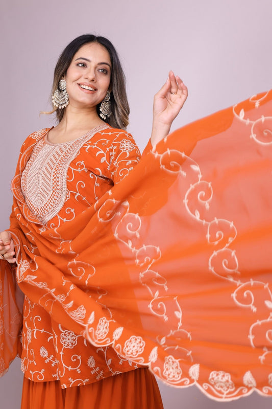 Stylish Readymade Rust Orange Embroidered Sharara Suit - Mangaldeep NX