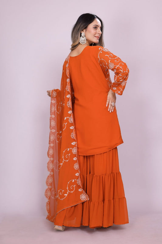 Stylish Readymade Rust Orange Embroidered Sharara Suit - Mangaldeep NX