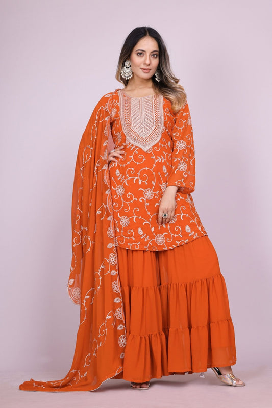 Stylish Readymade Rust Orange Embroidered Sharara Suit - Mangaldeep NX