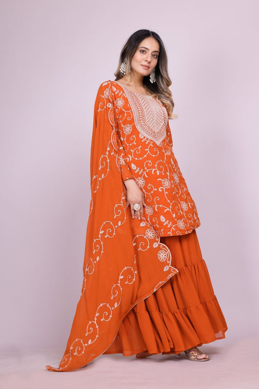 Stylish Readymade Rust Orange Embroidered Sharara Suit - Mangaldeep NX
