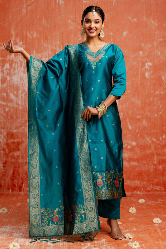 Stylish Teal Blue Cotton Silk Readymade Salwar Suit with Jacquard Work - Mangaldeep NX