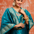 Stylish Teal Blue Cotton Silk Readymade Salwar Suit with Jacquard Work - Mangaldeep NX