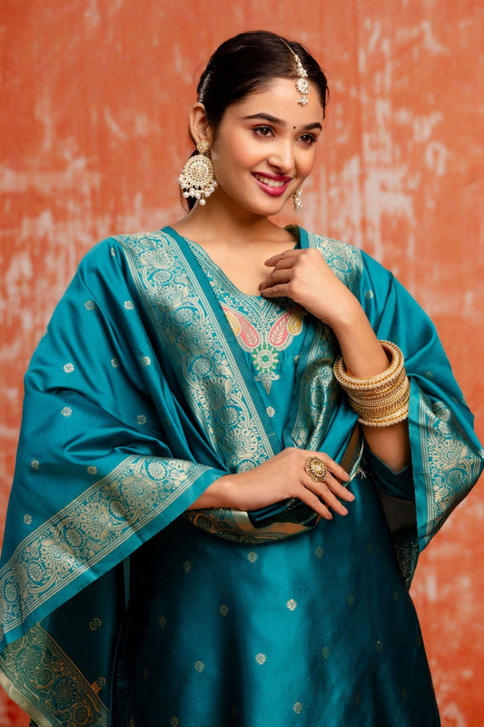 Stylish Teal Blue Cotton Silk Readymade Salwar Suit with Jacquard Work - Mangaldeep NX