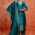 Stylish Teal Blue Cotton Silk Readymade Salwar Suit with Jacquard Work - Mangaldeep NX