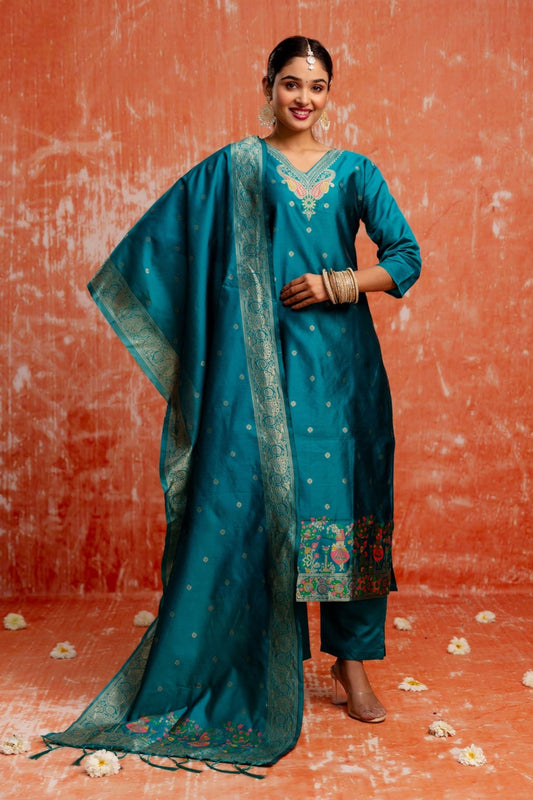 Stylish Teal Blue Cotton Silk Readymade Salwar Suit with Jacquard Work - Mangaldeep NX