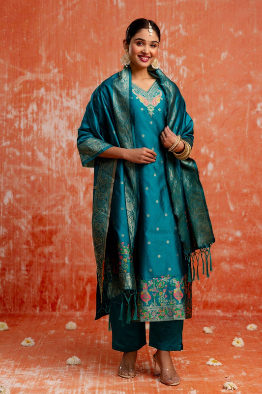 Stylish Teal Blue Cotton Silk Readymade Salwar Suit with Jacquard Work - Mangaldeep NX