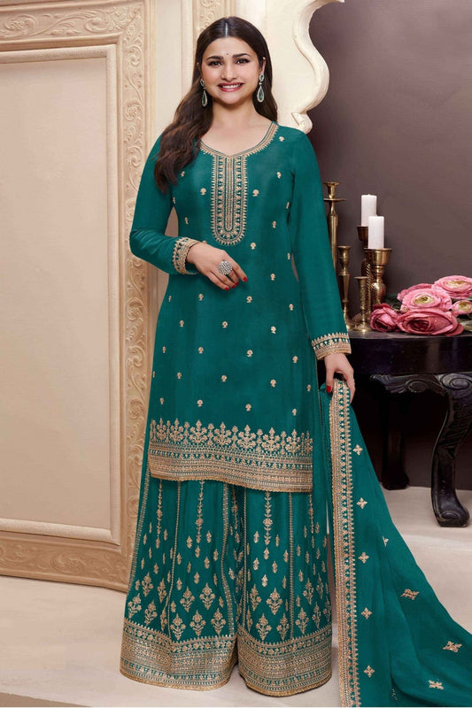 Superb Aqua Green Embroidered Sharara Suit for Women with Dupatta - Mangaldeep NX
