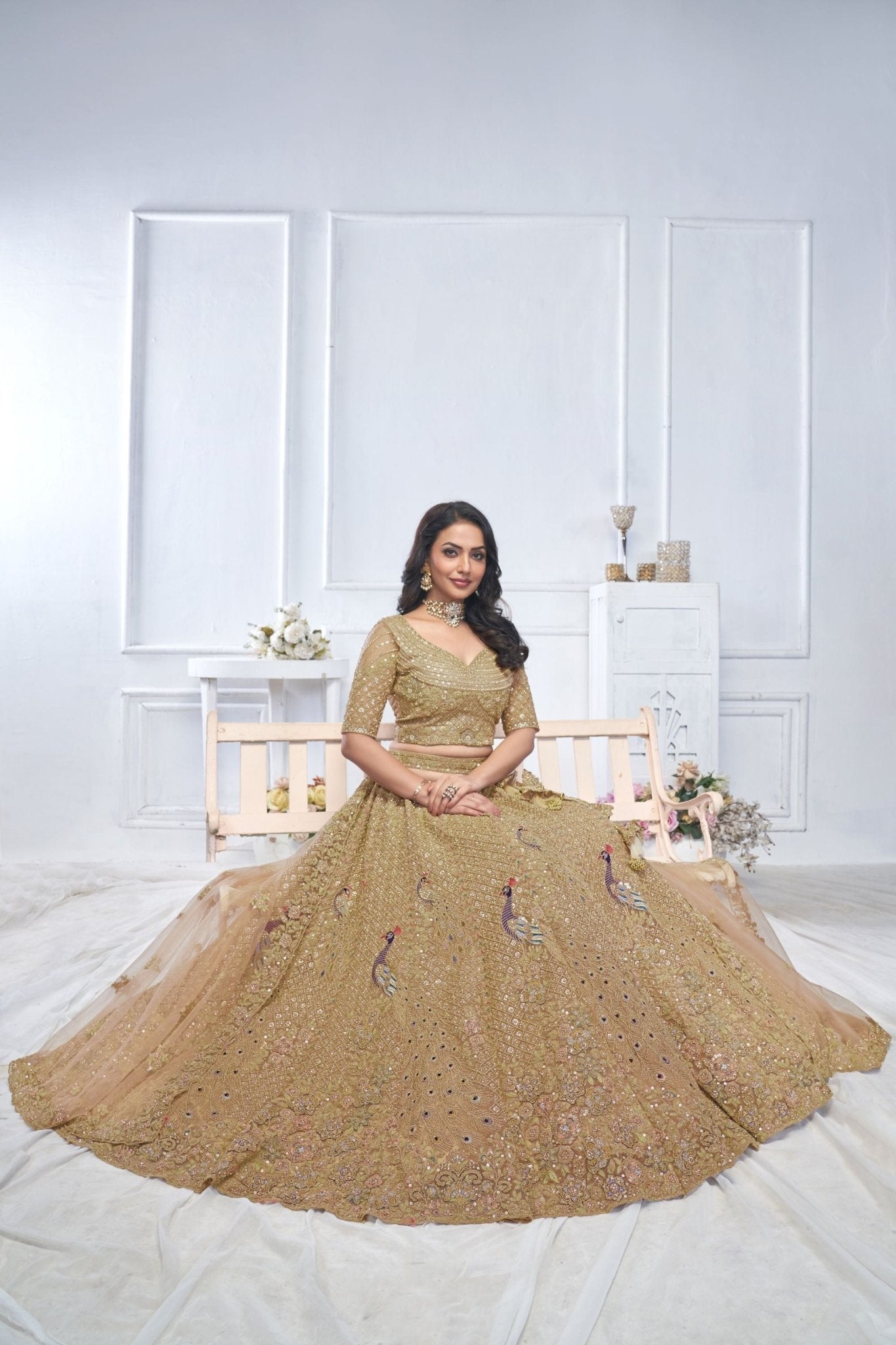 Superb Brown Embroidered Net Lehenga Choli With Dupatta - Mangaldeep NX
