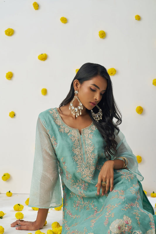 Superb Sea Green Chiffon Embroidered Salwar Suit - Mangaldeep NX
