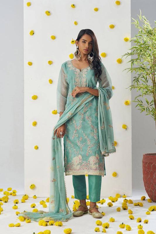 Superb Sea Green Chiffon Embroidered Salwar Suit - Mangaldeep NX