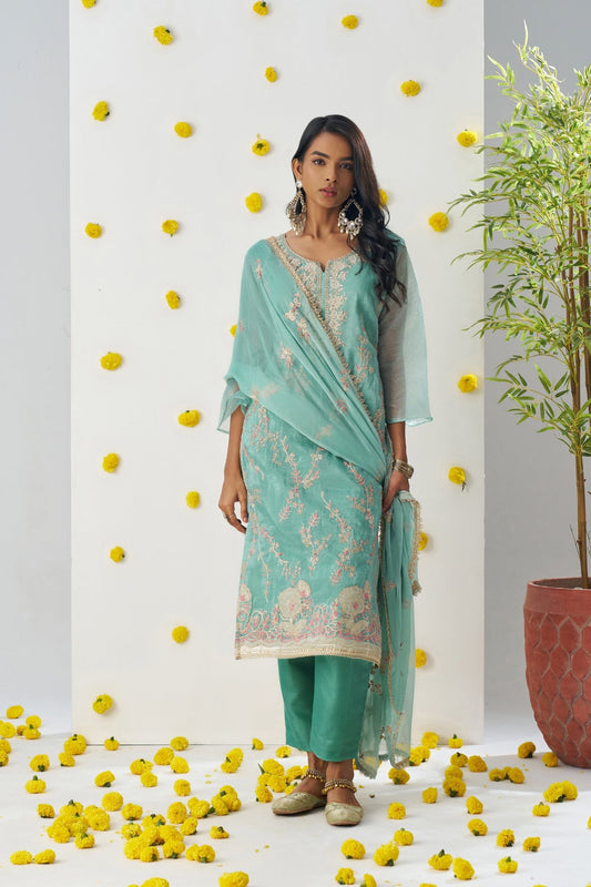Superb Sea Green Chiffon Embroidered Salwar Suit - Mangaldeep NX