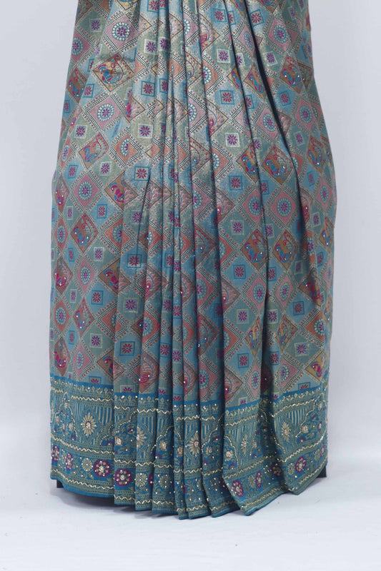 Teal Banarasi Silk Saree with Multicolor Zari Weaving and Elephant Motif Pallu - Mangaldeep NX