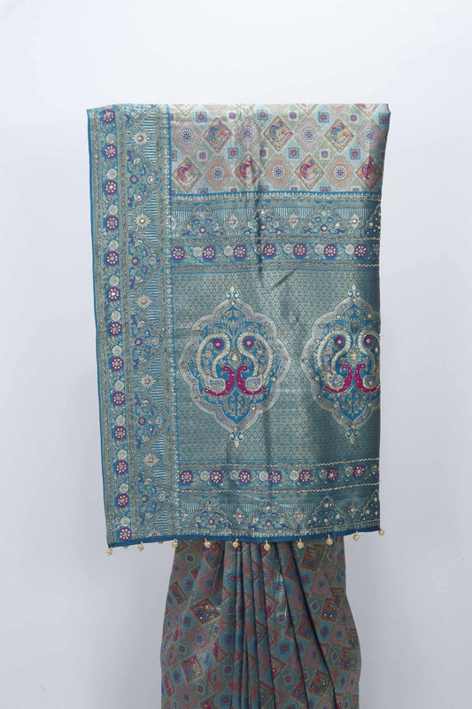 Teal Banarasi Silk Saree with Multicolor Zari Weaving and Elephant Motif Pallu - Mangaldeep NX