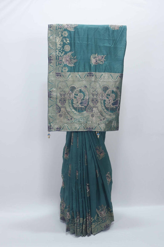 Teal Banarasi Silk Saree with Silver Zari Embroidery and Mythical Bird Motifs - Mangaldeep NX