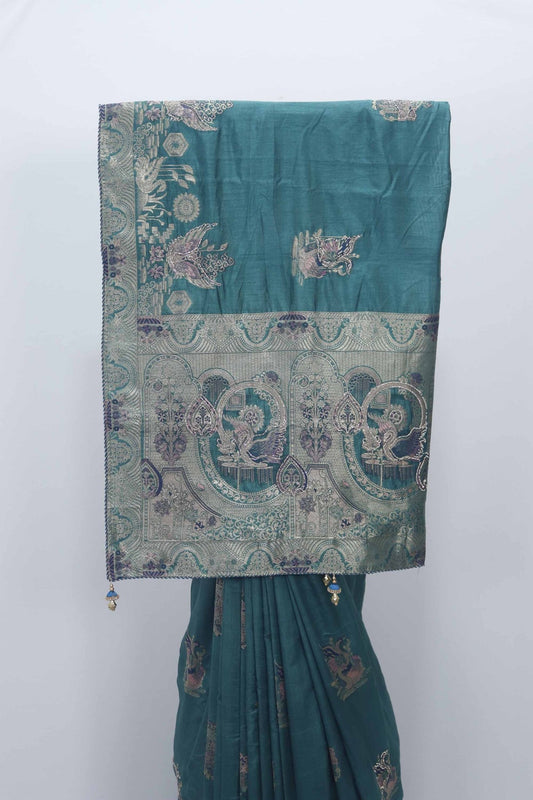 Teal Banarasi Silk Saree with Silver Zari Embroidery and Mythical Bird Motifs - Mangaldeep NX