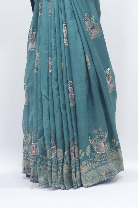 Teal Banarasi Silk Saree with Silver Zari Embroidery and Mythical Bird Motifs - Mangaldeep NX