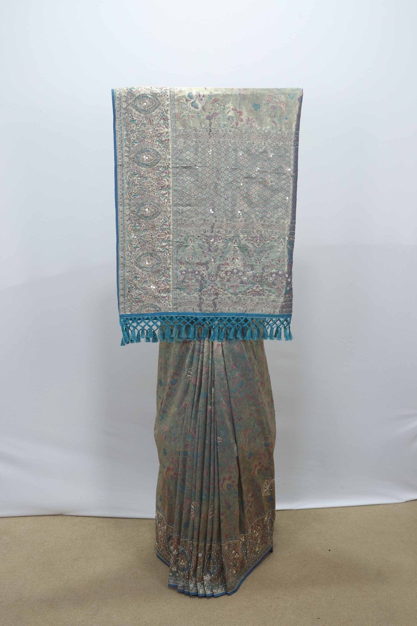 Teal Banarasi Silk Saree with Silver Zari Work - Mangaldeep NX