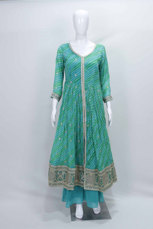 Teal Bandhani Anarkali Suit with Embroidered Border - Mangaldeep NX