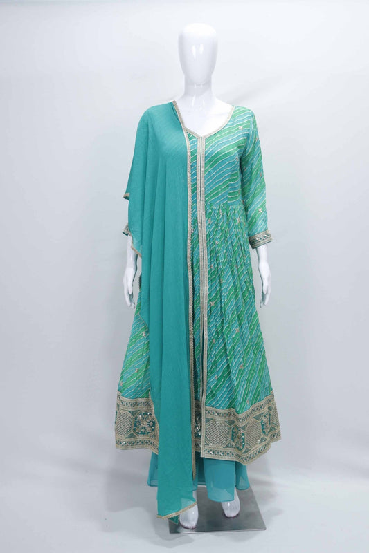 Teal Bandhani Anarkali Suit with Embroidered Border - Mangaldeep NX